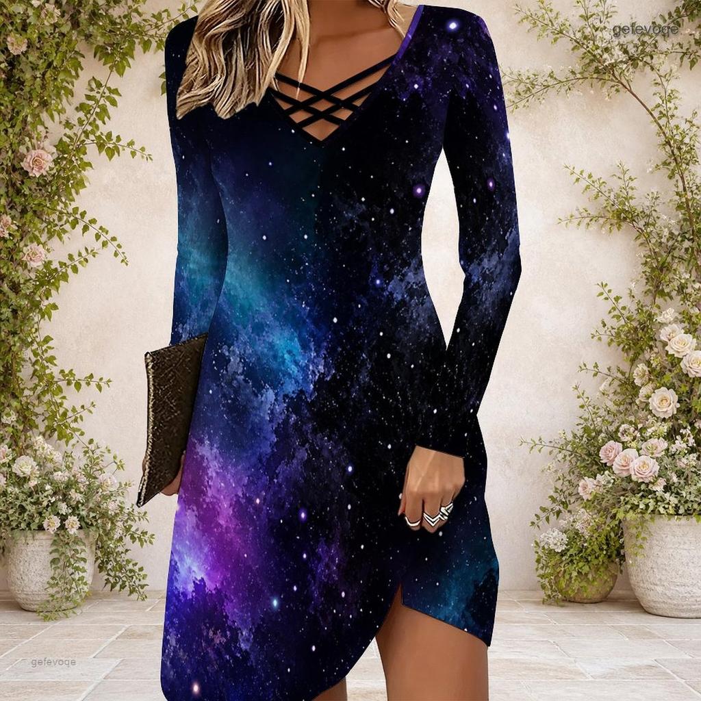 Women Cross V Neck Long Sleeve Dress Purple Pink Galaxy Swirl Print Irregular Hem Dress