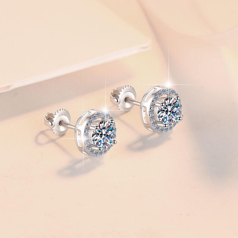 New S925 Sterling Silver Round Moissanite Screw-Back Earrings