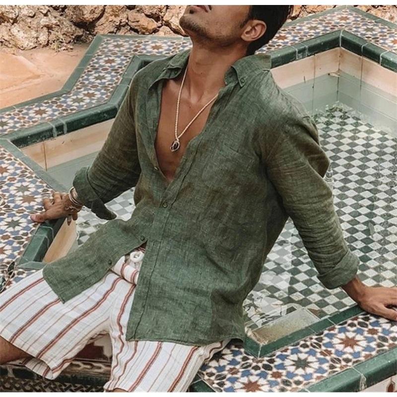 

Mens Autumn Solid Color Loose Fit Casual Beach Cardigan Long Sleeve Shirt XXXL зелений