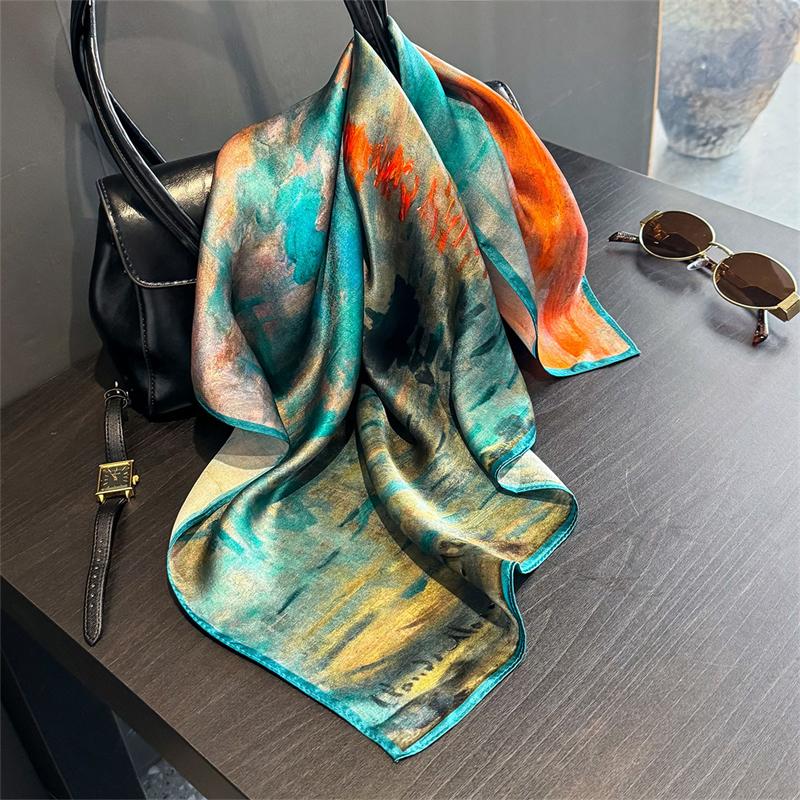 New 100% Real Silk Satin Women Scarf  Flower Printed Foulard Femme Square Head Scarfs Bandana Shawl For Lady Hijab