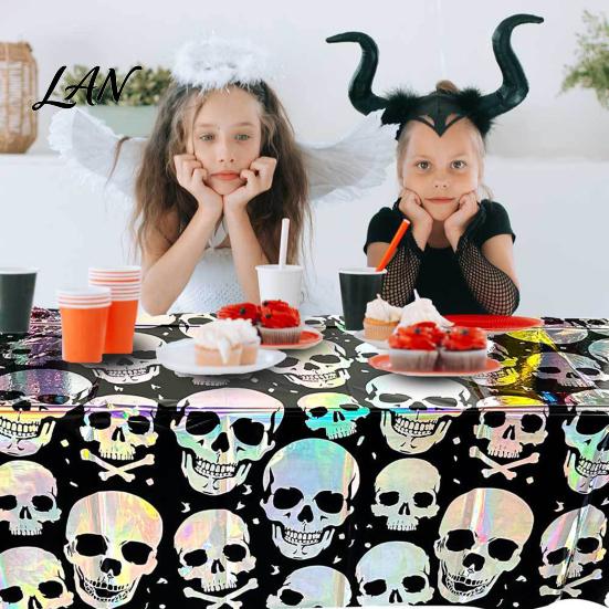 Halloween Background Skull Foil Fringe Curtain, Iridescent Disposable Tablecloth, Decorative Curtain Table Cover Tinsel Backdrop for Holiday