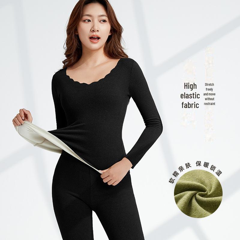 Women's Double-Sided Velvet Thermal Underwear Set - Self-Heating, Seamless Long-Sleeve Top & Pants for Autumn/Winter
