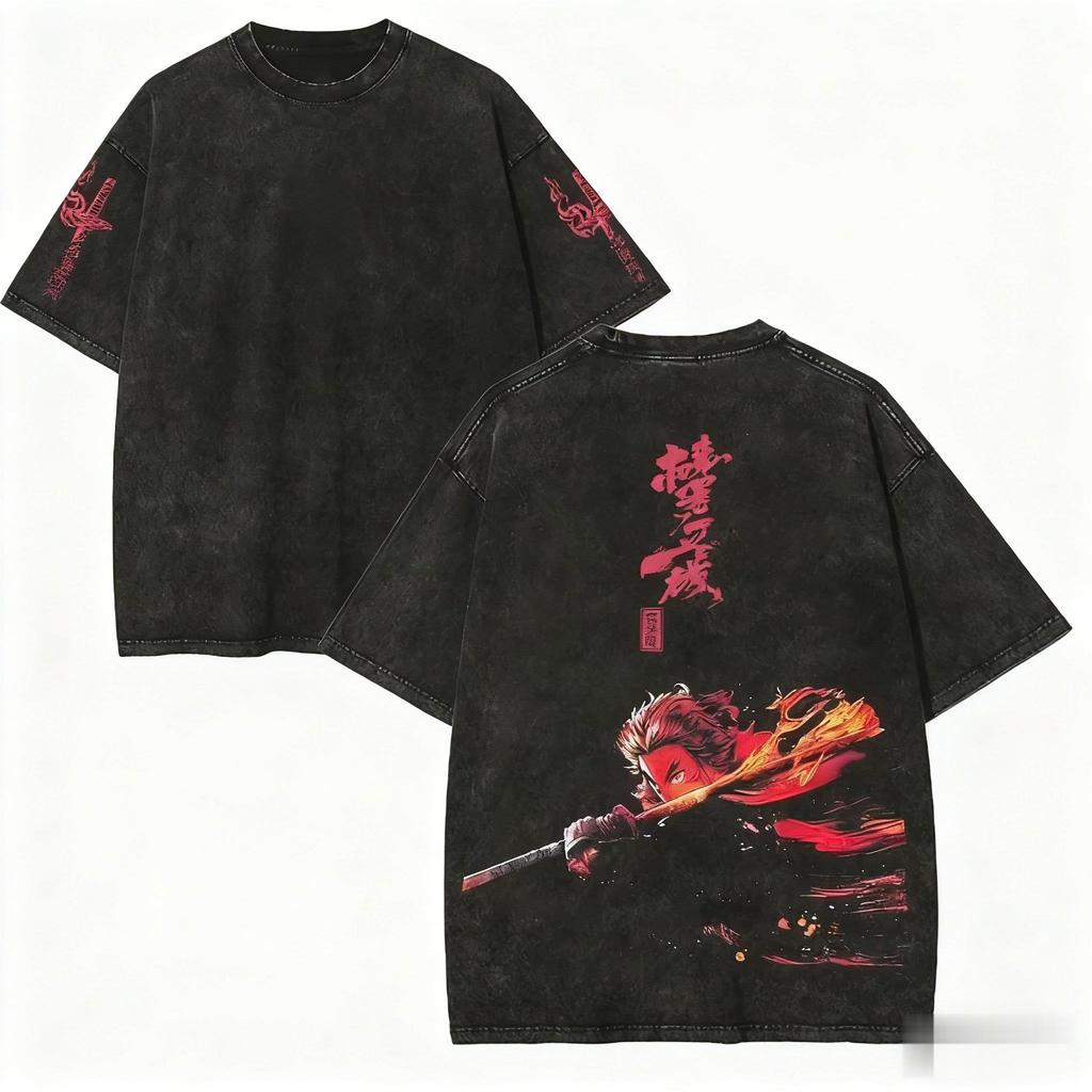Vintage Washed Demon Slayer Anime Graphic T Shirt Men Women Cotton Short Sleeve Tee Streetwear Tops Clothes Summer