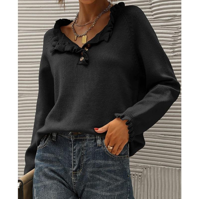 Women S Casual Long Sleeve Pullover Knit Sweater Button Edge Basic Top