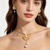 2Pcs/Set Women Necklace Earrings Set Hollow Flower Shape Imitation Pearl Decor Stud Earrings Adjustable