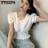 WTEMPO Vintage V-neck Solid Cropped Tops Girl's Sweet Folds T-Shirts Summer Short Puff Sleeve Black White Tee Women Streetwear