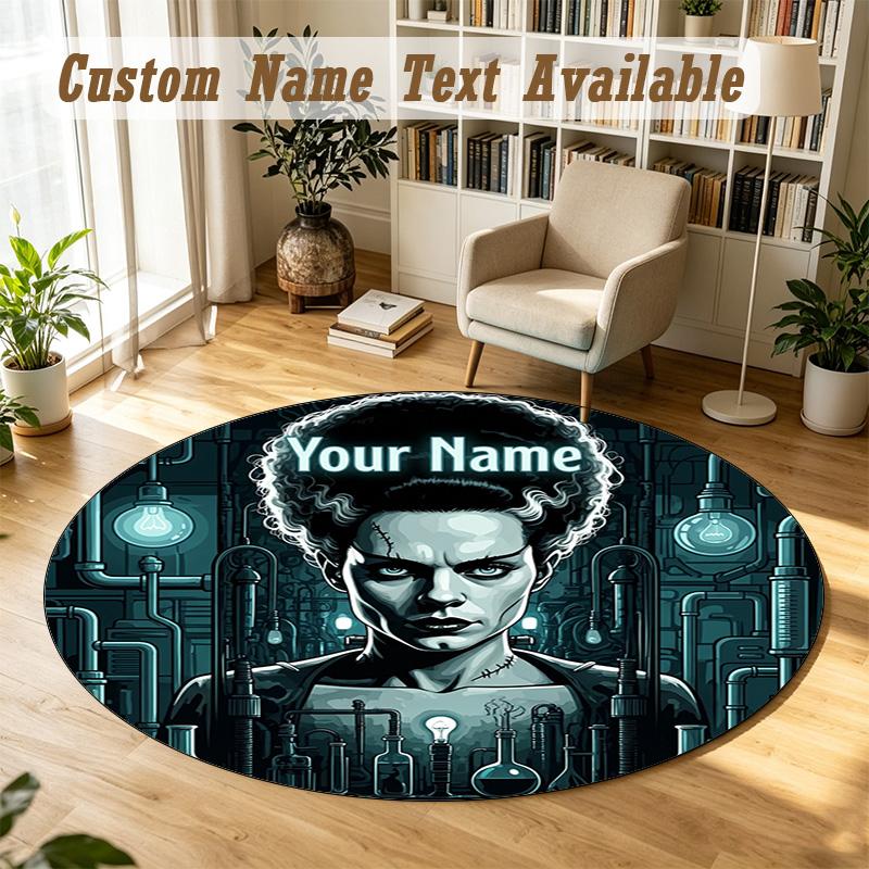Bride of Frankenstein Personalized Round Rug Support Custom Name, Soft Home Decor Mat