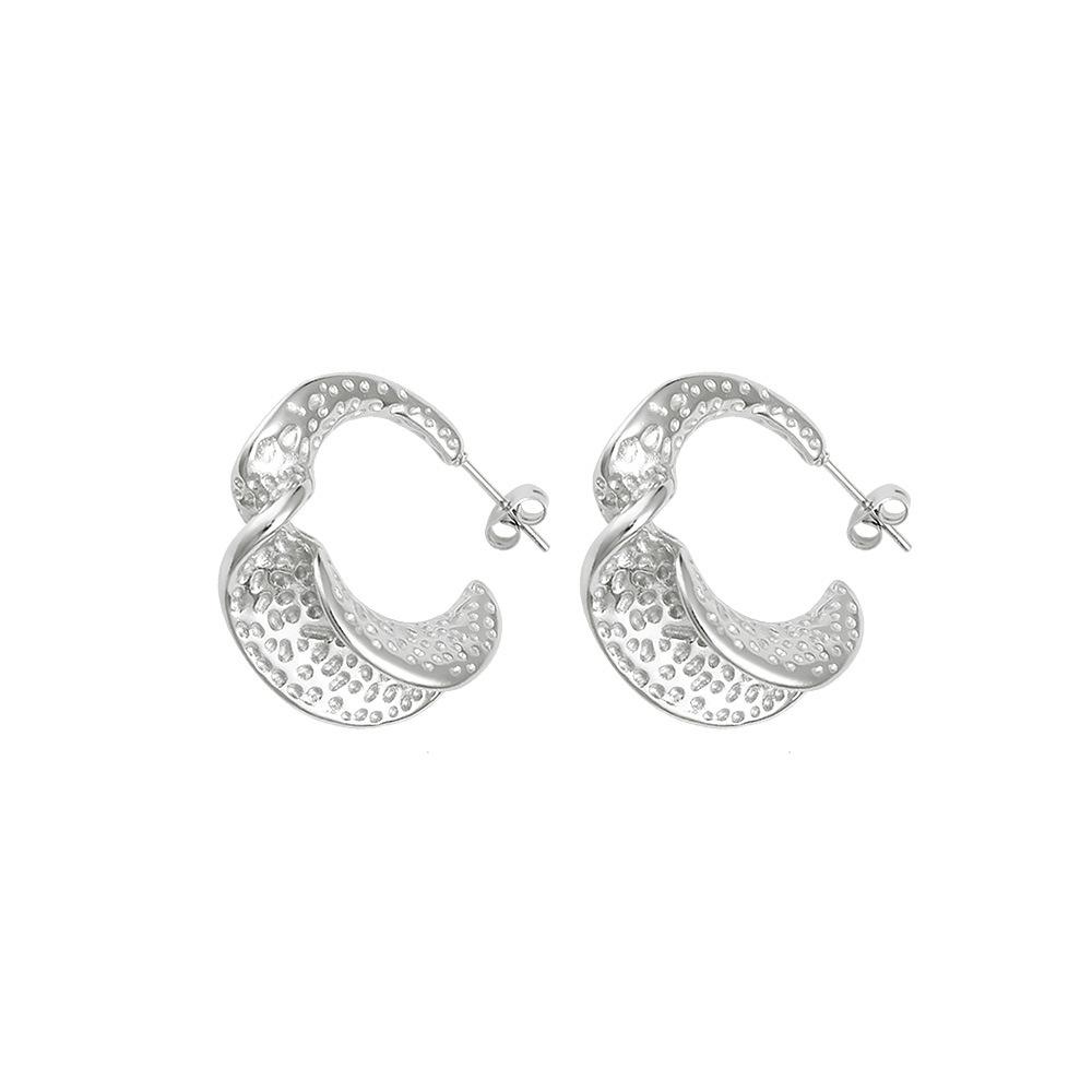 Geometric C-Shaped Textured Stainless Steel Stud Earrings - Personalized, Fashionable, Versatile, European  American Style.