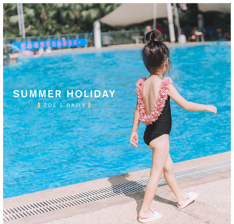 Luxury 3D Floral Backless Girls' One-Piece Swimsuit for Parent-Child Hot Springs