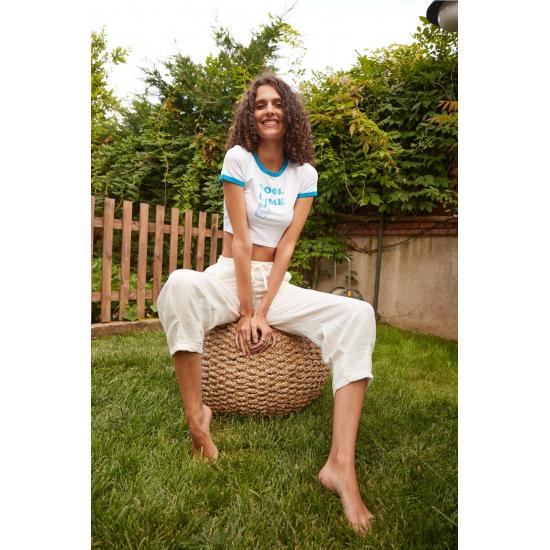 Pantaloni de jogging de damă, cu șireturi, cu talie elastică, amestec de in