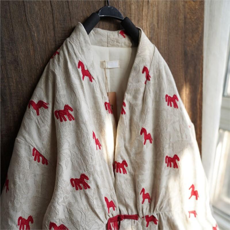 Johnature Women Vintage Jacquard Coats Spring Chinese Style Print Horse V-Neck Long Sleeve Coats