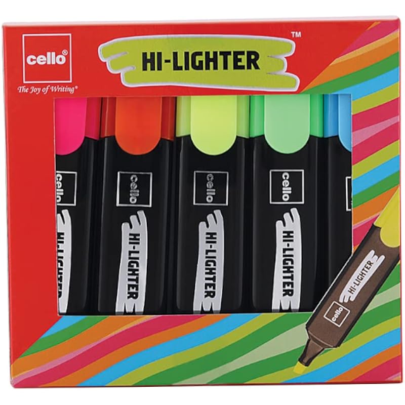 Cello Hi-Lighter (Pack Of 5, Vivid Colors - Yellow, Pink, Peach, Orange And Purple) | Easily Applicable Chisel Highlight