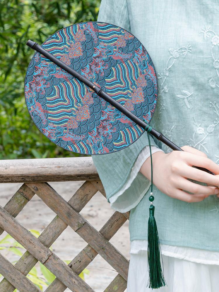 Durable Vintage Handheld Bamboo Fan with Embroidery for Summer Portable Hanfu Waist Fan Foldable Round Fan