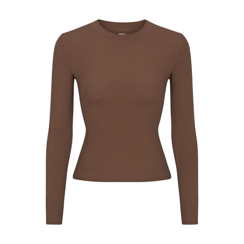 

Европейский и американский стиль весна-осень, облегающий крой, однотонный, круглый вырез, длинные рукава, приталенный низ, топ L коричневый