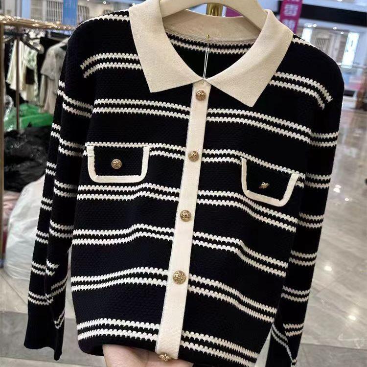 

Large size knitted new coat striped top new Chinese cardigan foreign style women s clothing fragrant sweater spring and autumn Xxxs [suitable for 30kg loli]