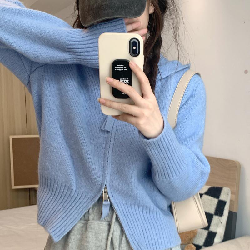 Pure Desire Wind Grey Zipper Shoulder Hooded Knitted Cardigan Women's Autumn Short Sweater Top Sweater Coat