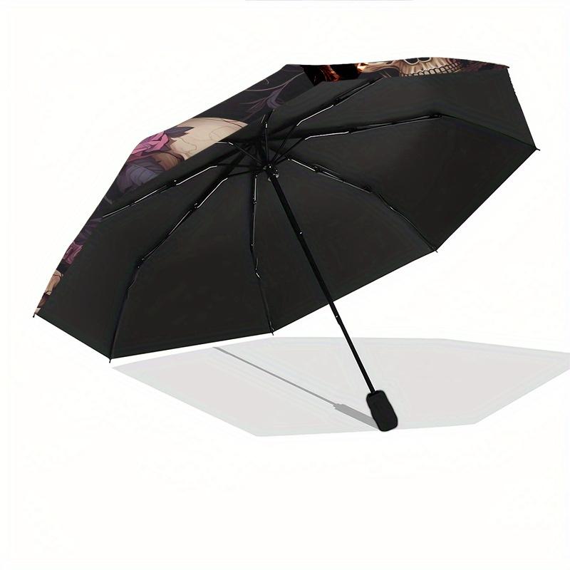 Rose Skull Automatic Folding Umbrella 8 Ribs, Durable Iron Frame, Bright Color Pattern Compact Travel Umbrella, Suitable for Outdoor, Beach