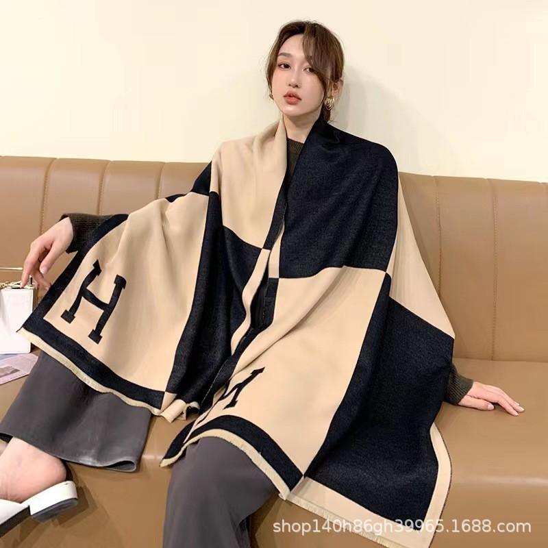 Premium Double-Sided Jacquard Houndstooth Scarf Wrap Women Winter Fall Warm Cotton Blend Shawl 185x70cm
