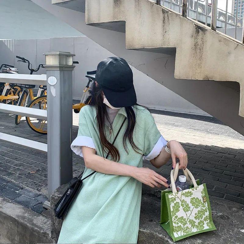 Waffle Polo Collar Straight Summer Dress 2024 - Women's Simple, Solid, Age-Reducing Short Skirt