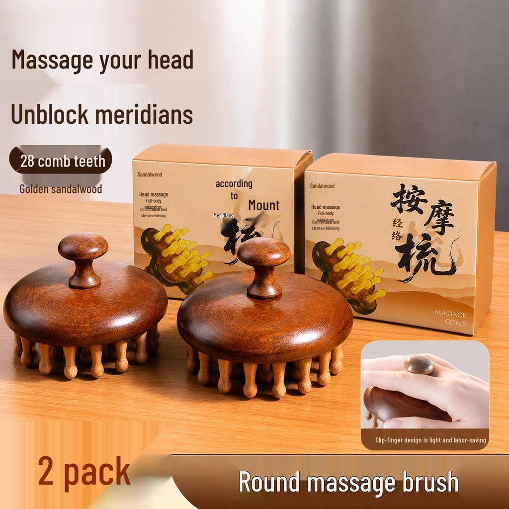 Sandalwood 28-Pin Round Disc Therapeutic Massage Comb for Scalp and Meridians