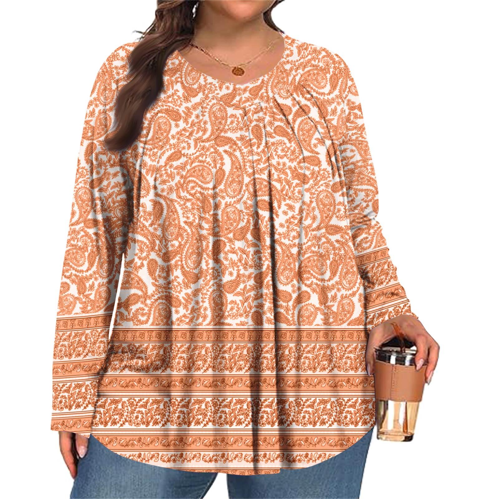 

Женский модный топ большого размера с принтом, повседневный плиссированный, с круглым вырезом и длинными рукавами XL оранжевый