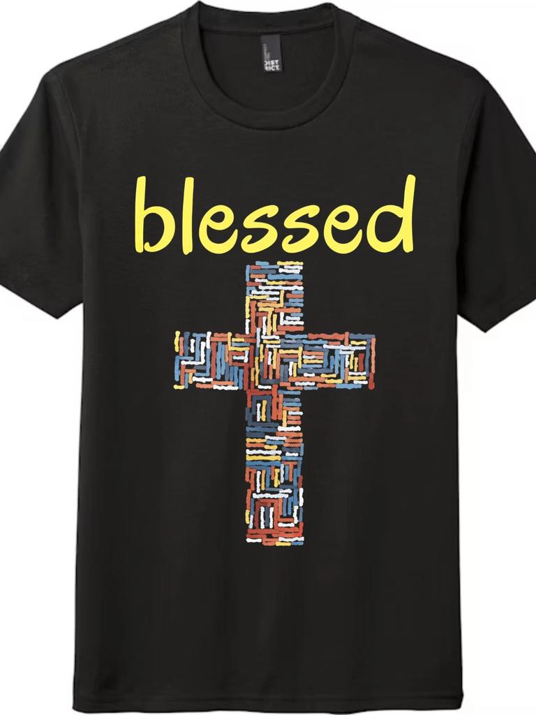 Unisex Retro Washed Blessed Cross T-Shirt-Mosaic Faith Vintage Tee Free Shipping