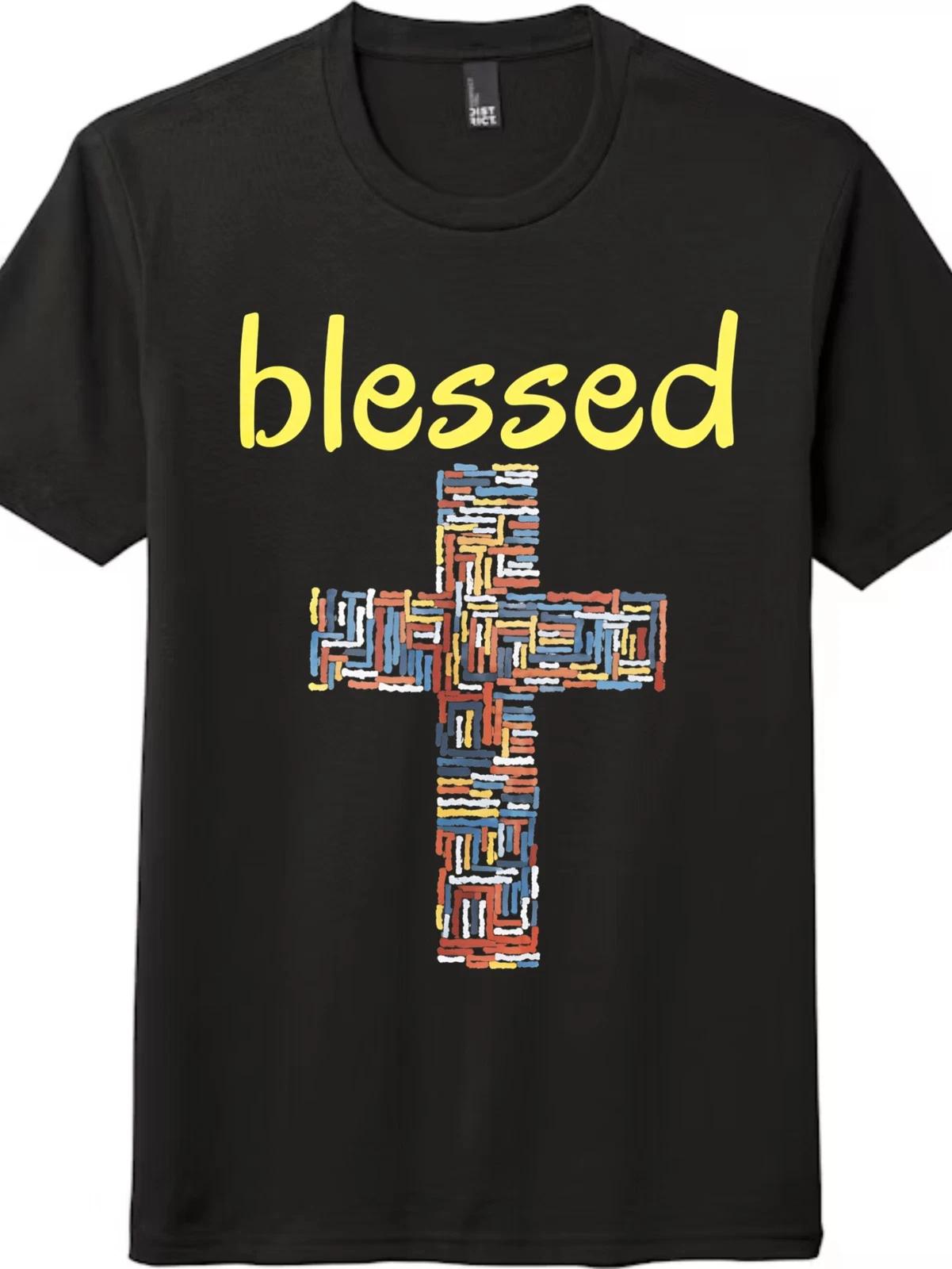 Unisex Retro Washed Blessed Cross T-Shirt-Mosaic Faith Vintage Tee Free Shipping M