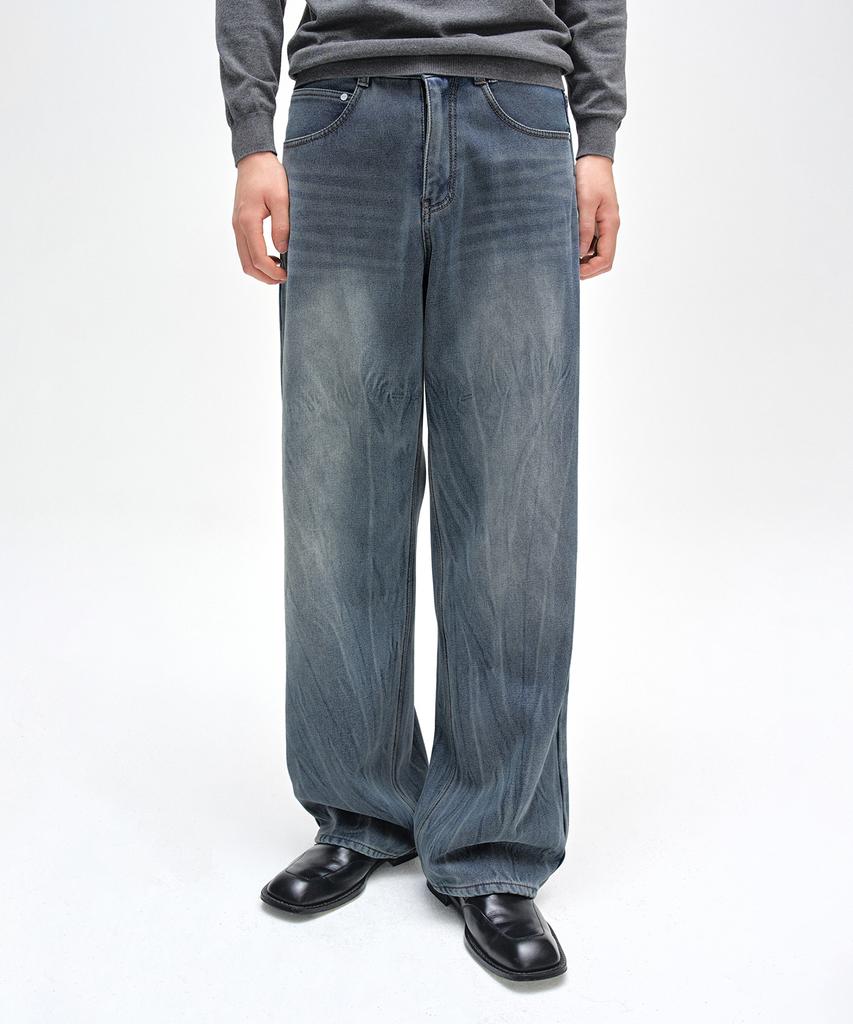 DECET [Fleece-Lined Bonded] Mid Rise Wide Jeans Dcpt027Wcrblue2