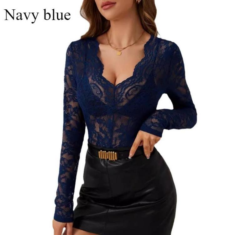 Women Sexy V Neck Lace Base Shirt Slimming Long Sleeve Top Comfortable Single Layer Fall Winter New Inside Wear