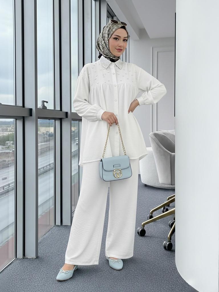 New Arrival: Beaded Long Sleeve Top & Wide Leg Pants Set - Muslim Women's Fashionable Casual Wear