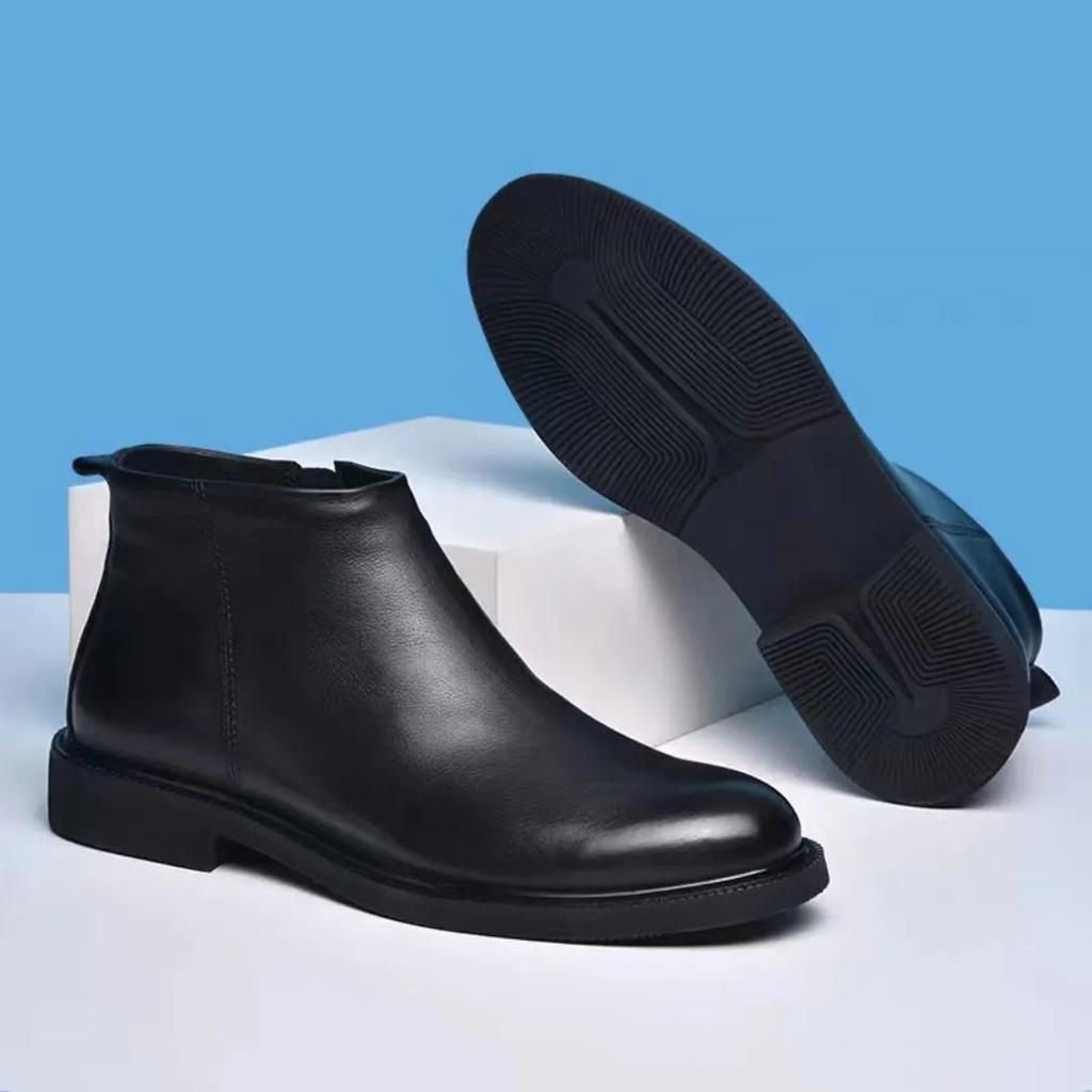 Casual Leather Men's Chelsea Boots Brand Comfortable PU Leather Ankle Boots Warm Plush Fur Winter Botas High Top Shoes