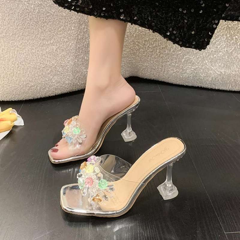 Crystal transparent one-word slippers women's summer wear 2025 new fashion fairy style high-end thick heel sandals