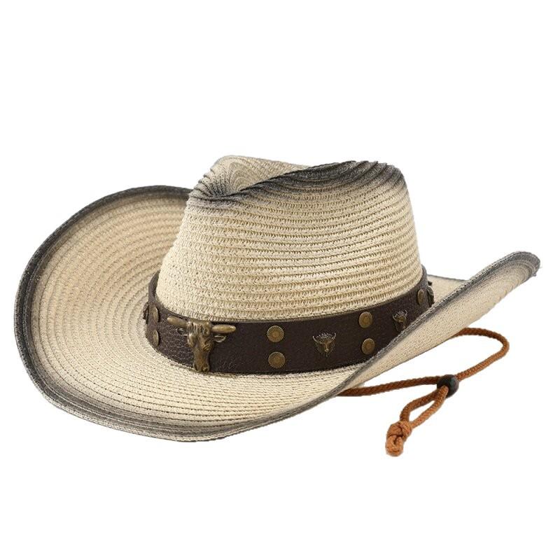 Vintage bull's head nail belt spray paint beach men's and women's western cowboy straw hat, sunshade straw straw straw hat