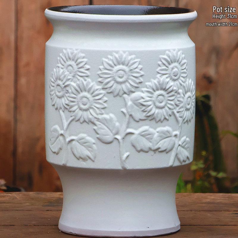 Handmade Embossed Rose Ceramic Succulent Pot, Tall Breathable Coarse Pottery, Large Mouth Plant Pot with Flower Design.