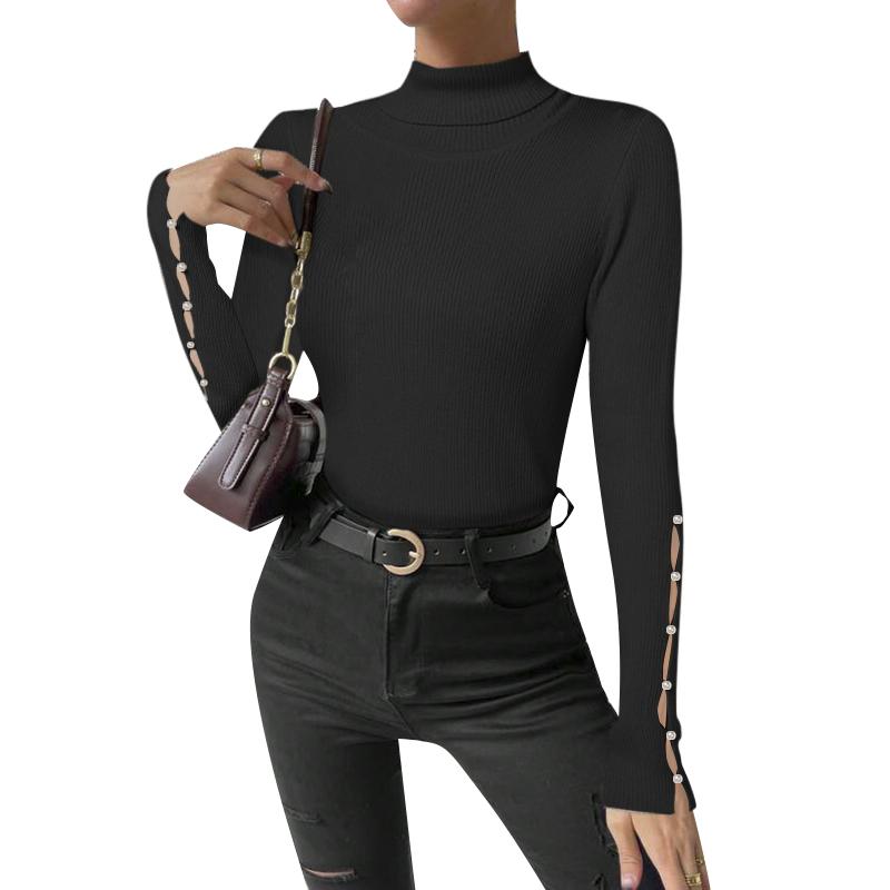 ZANZEA Women Turtleneck Pearl Stitching Long Sleeve Thin Casual Knitted Sweater Tops