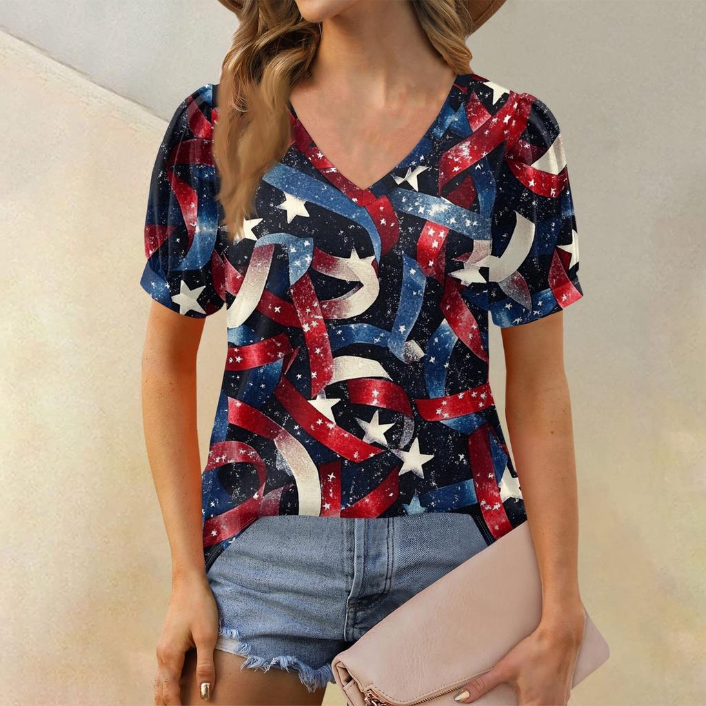 Women's Fashion Independence Day Print Top Puff Short Sleeve V-neck T-shirt Loose Casual T-shirt