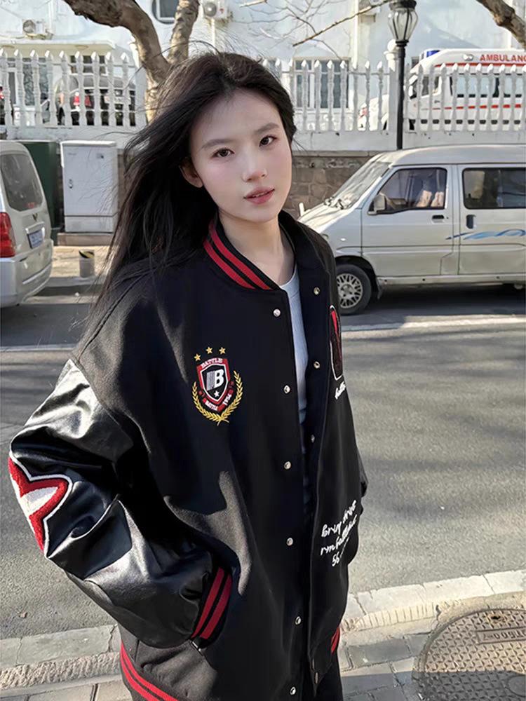

Women s 2025 Trendy Embroidered Baseball Jacket with Leather Sleeves M чёрный