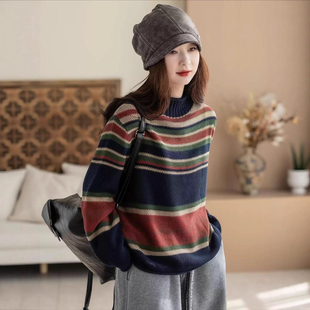 2025 Winter Striped High Neck Wool Knit Top for Women