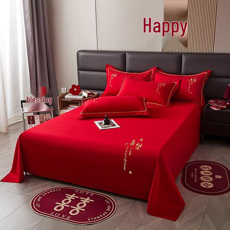 Red Embroidered Wedding Bedding Set: Duvet Cover, Bed Sheet, Pillowcase & Bed Skirt.
