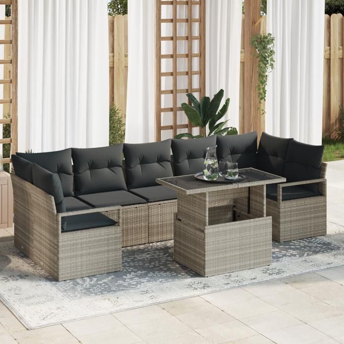 Ensemble de Canapés de Jardin vidaXL 8 pièces avec Coussins Gris Clair Rattan Poly, Canapé de Jardin vidaXL 2 Places 3348778