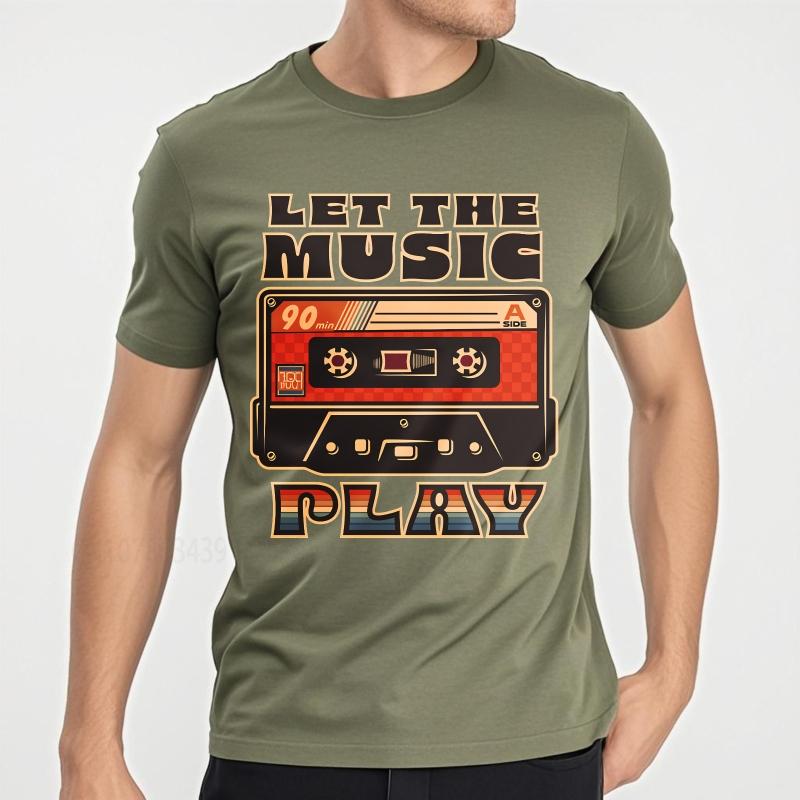 Black summer  t shirt Let The Music Play Cassette Tape Design Short Sleeve Workout ONeck Tee shirt cotton teeshirt