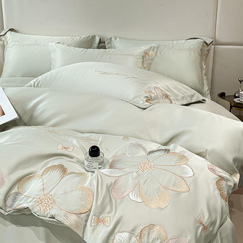 Hepburn Series: Luxurious Floral Embroidery Cotton Bed Sheet Set - Skin-Friendly, Fitted Style, Four-Piece