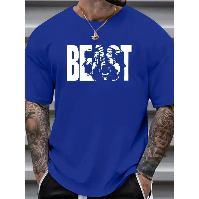 

Мужская модная футболка с круглым вырезом, коротким рукавом и хлопковым топом с принтом букв BEAST S синий