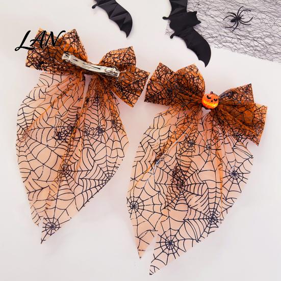 Lightweight Hair Clip Halloween Spider Web Bow Clip, Pumpkin Eyeball Tulle with Long Tails, Women Accessories for Holiday Party