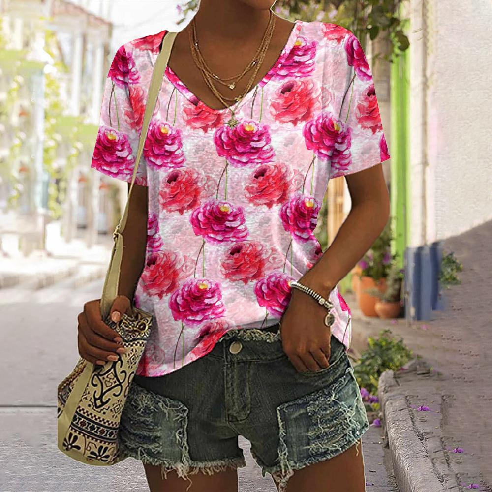 Summer Flower Rose 3D Print T-shirt Women Streetwear Casual T Shirts Y2k Tops Woman Harajuku V-Neck Tees Oversized Clothing