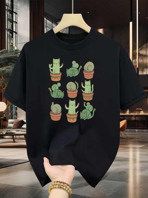 Cactus Cat Casual Tshirt Mens and Womens Luxury Brand Top
