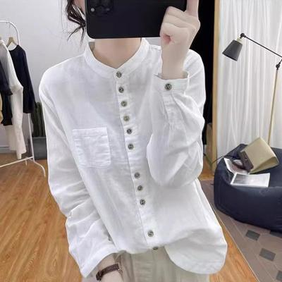 Spring Autumn Stand Collar Vintage Cotton Linen Shirt Women Long Sleeve Casual Cardigan Blouse All-match Top