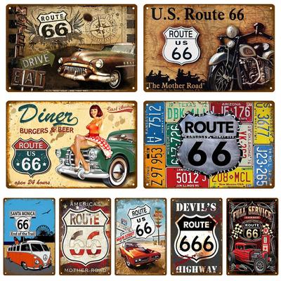 Panneau Métal Route 66 Plaque de Maison Affiche Métal Plaque en Étain Affiches Murales Esthétique Rétro Vintage Décoration de Pièce Art Mural