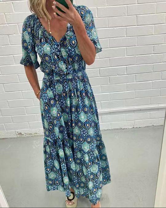 Summer cross-border fashion V-neck print waist dress women S тёмно-синий