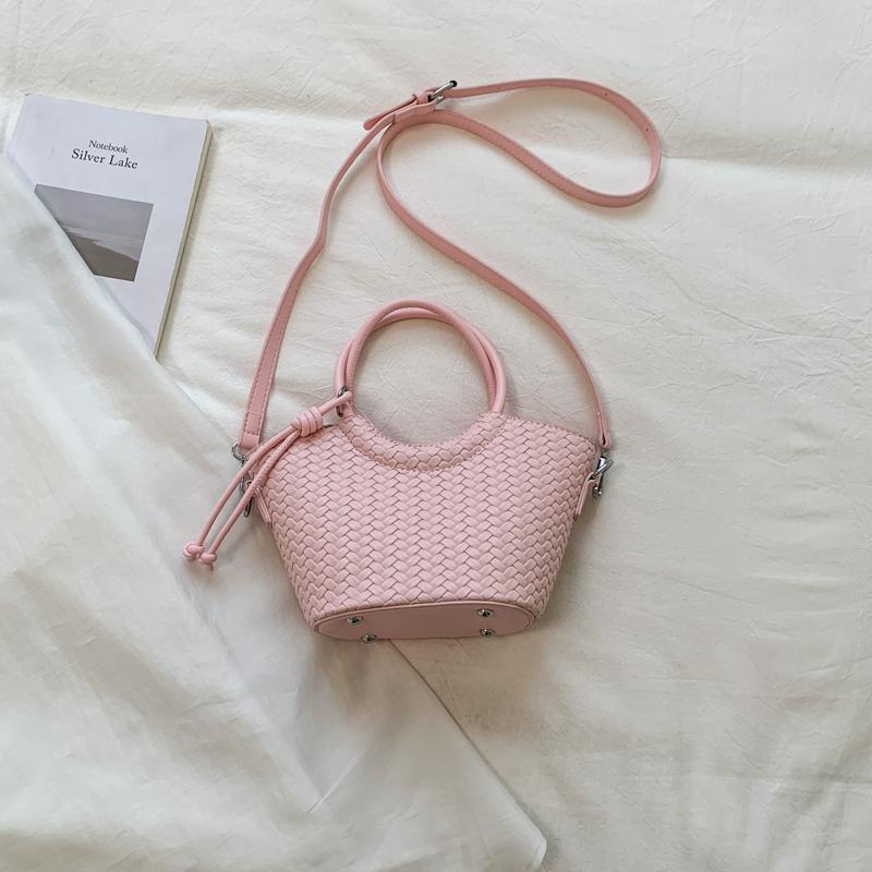 Woven Texture Mini Tote Bag with Round Handle and Detachable Strap